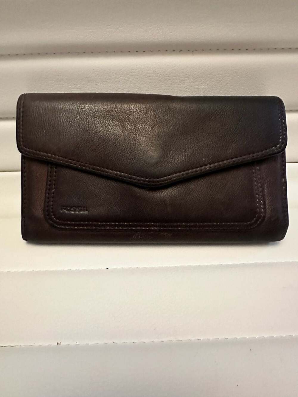 Fossil Dark Brown Genuine Leather Flap Checkbook Wallet